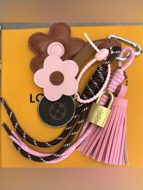 Louis Vuitton Lock & monogram disc, pink brown flower, tassel, rope bag charm